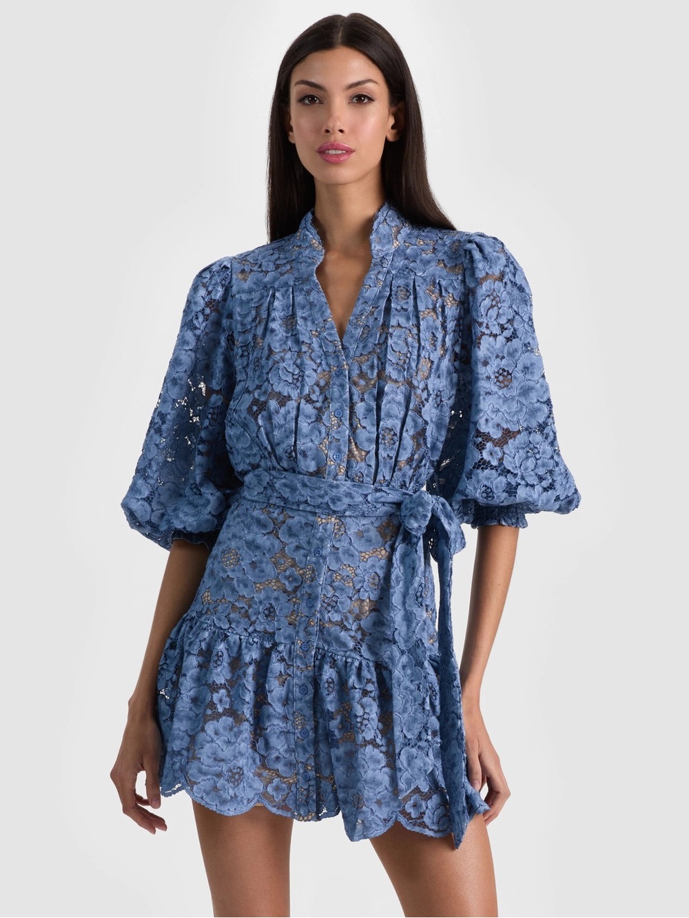 NWOT Alice + Olivia Cora Voluminous Tiered Mini Shirt Dress Indigo Small